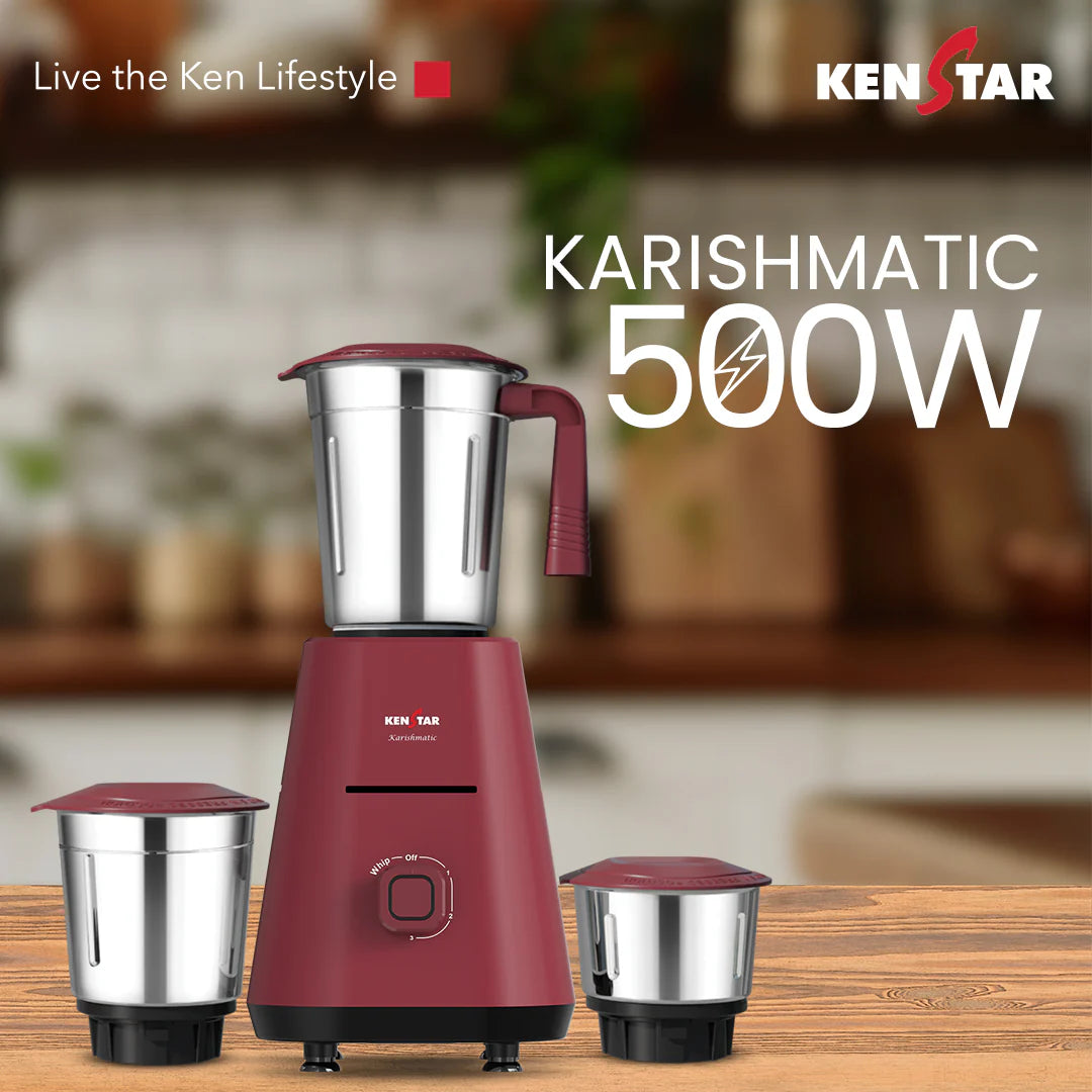 Karishmatic Wine Red 500W, 3 Jar, Mixer Grinder