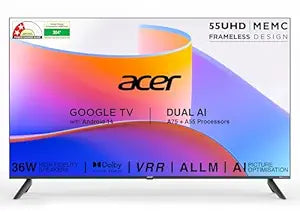 Acer I PRO Series 138.7 cm (55 inch) Ultra HD (4K) LED Smart Google TV with Android 14 (Black) | MEMC | ALLM | VRR | AI Picture Optimisation | 36W Speakers | Dolby Vision-Atmos (AR55UDIGU2875AT)