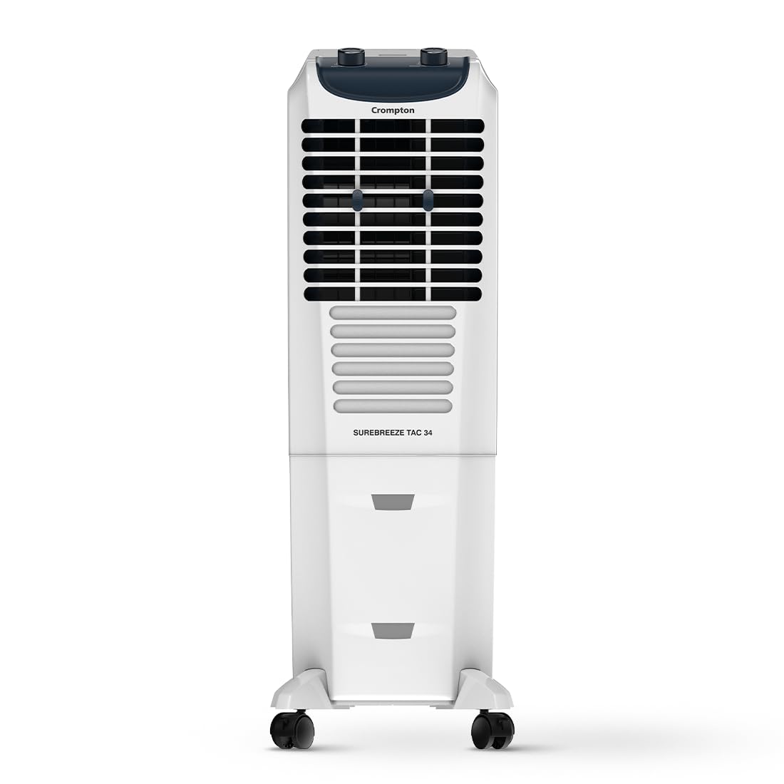 Crompton Surebreeze Tower Air Cooler-34L; Auto Fill, 4-Way Air Deflection and High Density Honeycomb pads; Indian ink and white colour