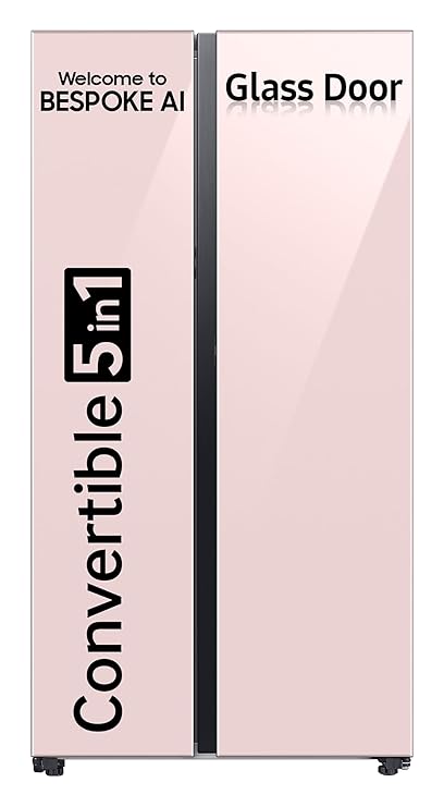 Samsung 653 L, 3 Star, Bespoke AI, Glass Door, Frost Free, Double Door, Convertible 5-in-1 Digital Inverter, Side By Side Smart Refrigerator with Auto Open Door (RS76CB81A3P0HL, Clean Pink)