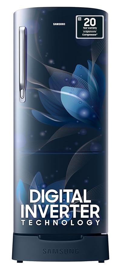Samsung 183 L, 2 Star, Digital Inverter, Direct-Cool Single Door Refrigerator (RR20C1812U8/HL, Blooming Saffron Blue, Base Stand Drawer)