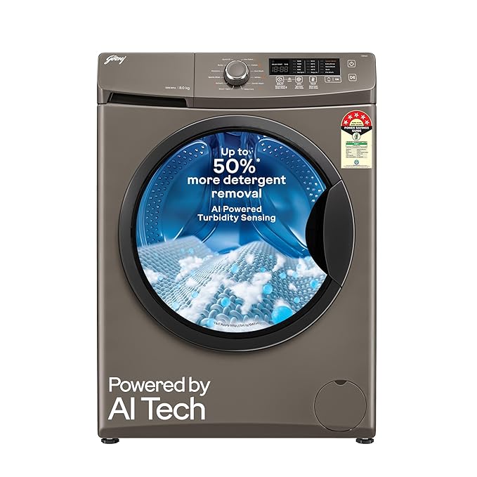 Godrej 8 Kg 5 Star, AI Powered, Inbuilt Heater, Fabrisafe Drum, Steam Wash, Child Lock, Unbalanced Load Sensor, Fully Automatic Front Load Washing Machine (WFEON CRS 8012 5.0 FKEDM CNGR, Candy Grey)