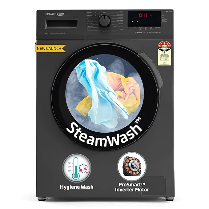 Voltas Beko, A Tata Product 8 Kg 5 Star Inverter Quick wash Fully-Automatic Front Loading Washing Machine (WFL8012B7JVBKA/AXV Anthracite, In buit Heater/Hygiene steam)