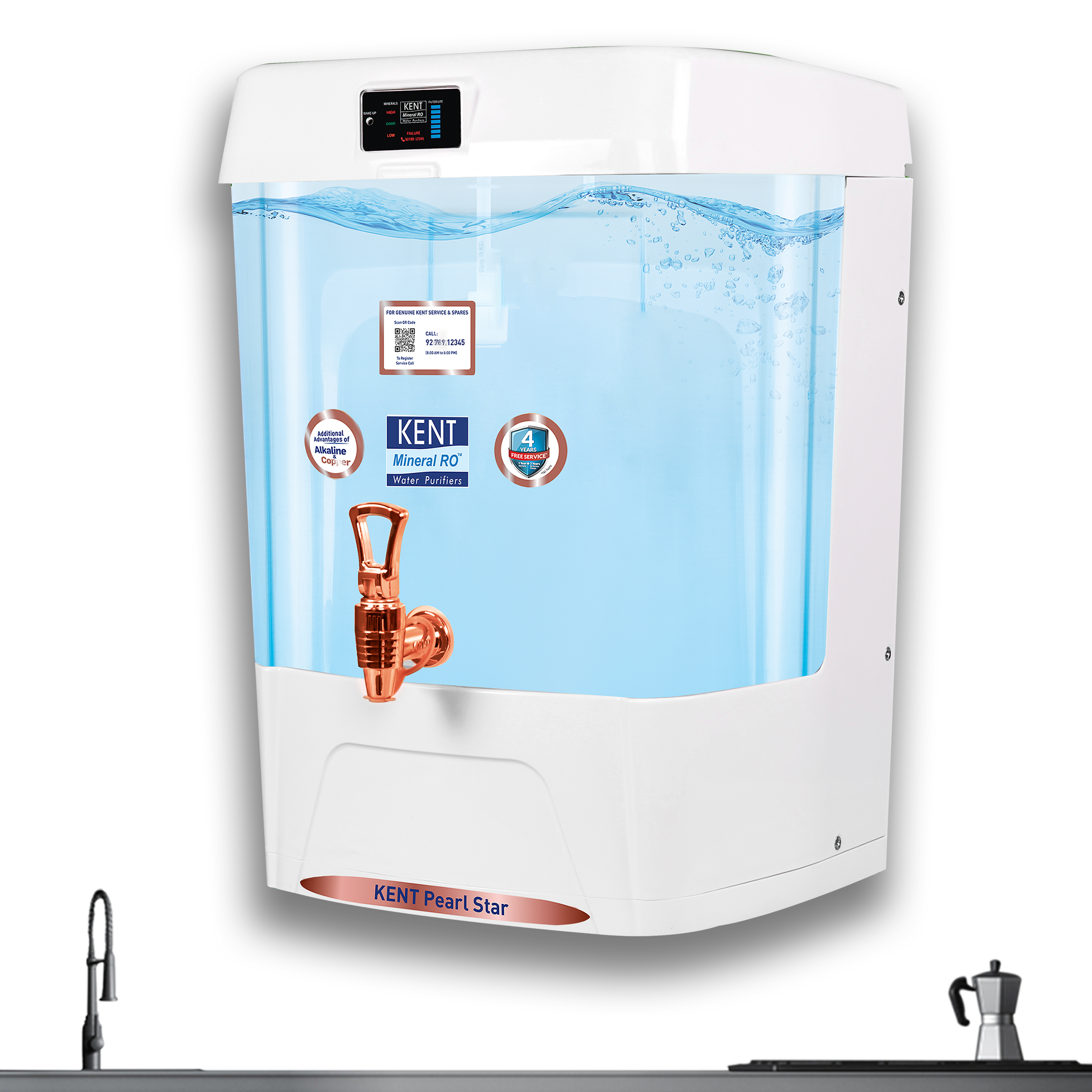 KENT Pearl Star Transparent Detachable Tank, Wall Mountable RO Purifier with Digital Display of Purity & Performance